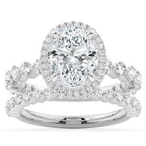 MS Blue Oval Halo with Pavé Shared Prong Band Moissanite Engagement Ring & band